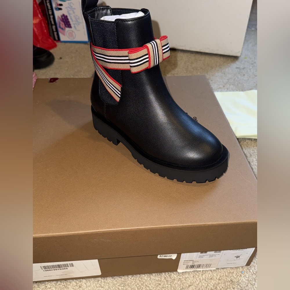 Burberry Black Ankle Boots with Striped Bow Accent #brandnew